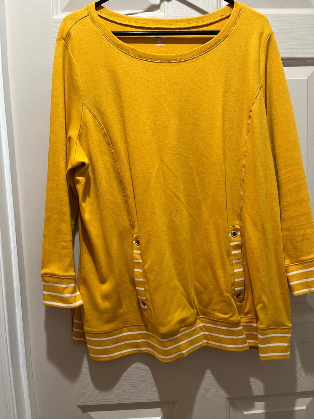 Kim Rogers Mustard Yellow Crewneck Sweater with Striped Trim